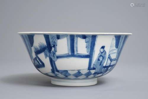 A Chinese blue and white bowl with figures in a room, Xuande mark, Kangxi