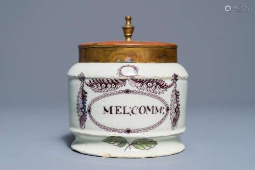 A polychrome Dutch Delft drug jars with brass lid, early 19th C.