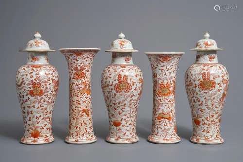 A Chinese 'milk and blood' five-piece garniture with phoenixes, Kangxi