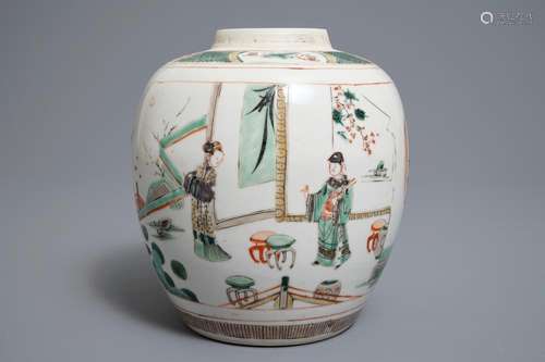 A Chinese famille verte 'Romance of the Western chamber' jar, Kangxi