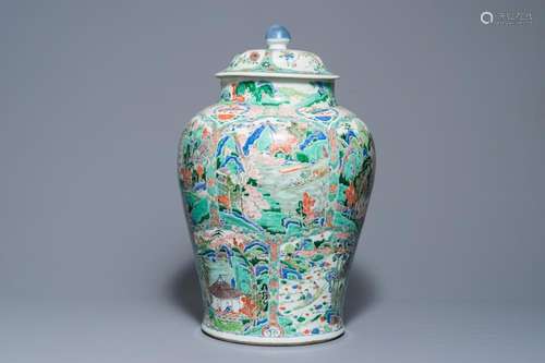 A large Chinese famille verte vase and cover with figures in fluvial landscapes, Kangxi