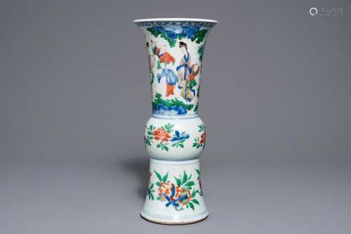 A Chinese wucai gu vase with figures, Shunzhi, Transitional period