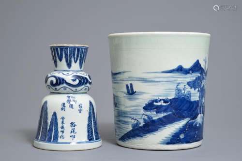 A Chinese blue and white jardinière and an inscribed candlestick, 18/19th C.