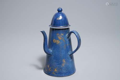 A Chinese powder blue and gilt 'lighthouse' type coffeepot and cover, Kangxi