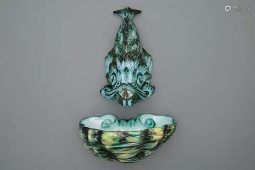 A rare Brussels faience dolphin-shaped fountain and basin, 18th C.