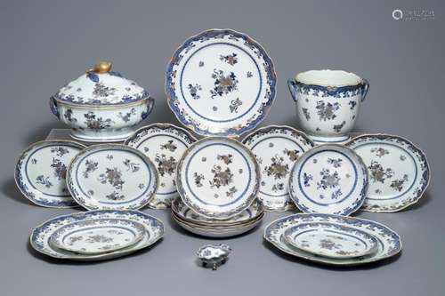 A Chinese blue, white and gilt part service, Qianlong