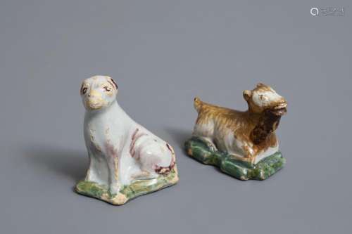 Two polychrome Dutch Delft miniatures of a dog and a goat, 18th C.