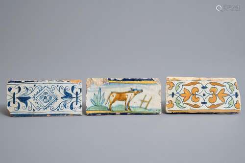 Three polychrome and blue and white Dutch Delft maiolica border tiles, early 17th C.