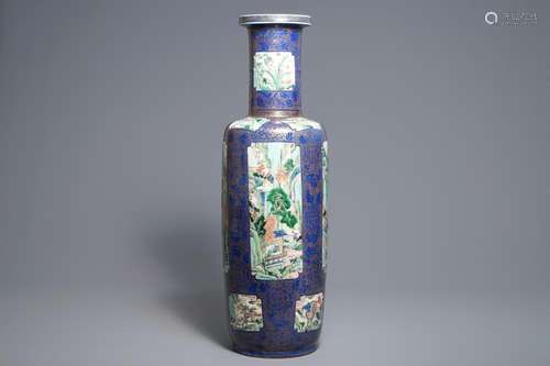 A massive Chinese famille verte on powder blue ground rouleau vase, Kangxi