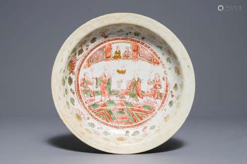 A Chinese polychrome Swatow charger with figures in a temple, Ming