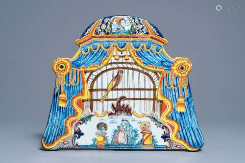 A large polychrome Dutch Delft 'bird cage' plaque, 19th C.