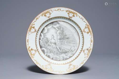 A Chinese grisaille mythological subject 'Juno' plate, Qianlong