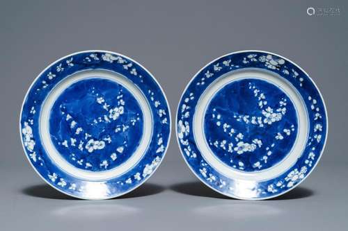 A pair of Chinese blue and white prunus plates, Kangxi