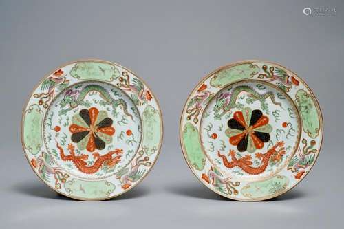 A pair of Chinese famille verte plates with dragons and phoenixes, Qianlong