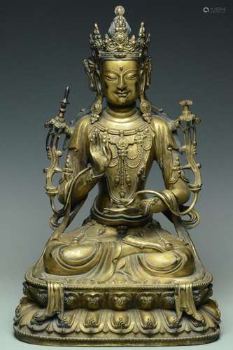 A LARGE MING GILT BRONZE GREEN TARA 15TH C