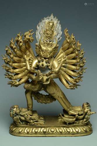 A QING GILT BRONZE FIGURE OF YAMANTAKA 18TH C