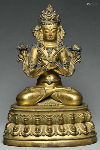 INSCRIBED MING GILT BRONZE VAJRADHARA 15TH C