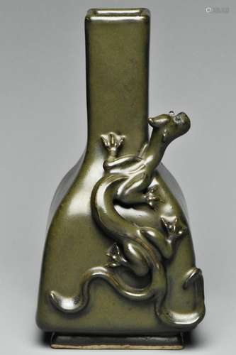 SOTHEBY'S QING TEADUST GLAZED CHILONG BOTTLE VASE