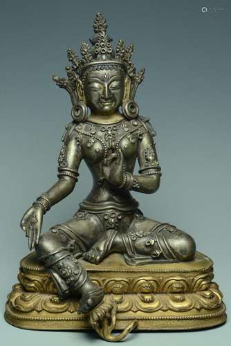 SINO-TIBETAN SILVER & GILT-BRONZE FIGURE OF TARA