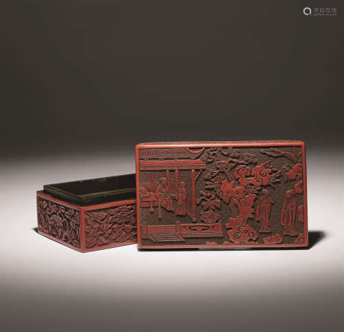 明 剔红松石高士图长方盒