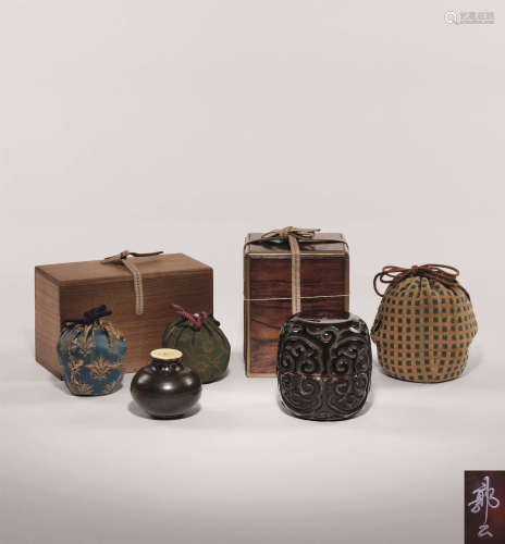 宋-元 江户时期 剔犀如意纹茶入 备前烧茶入茶具 （一套共三件）