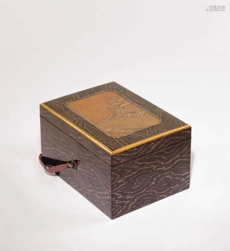 明治 莳绘木纹山水文房盒