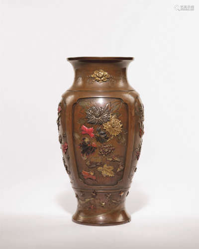 明治时期 铜金银象嵌四季花鸟纹花瓶