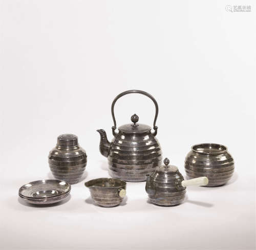 羽田造 纯银煎茶器一套 茶壶两件 茶罐 茶量 茶托五件 分茶器 建水共十一件