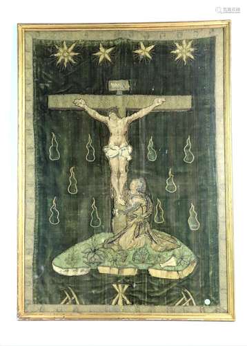 Christ en croix et Marie Madeleine. Broderie de v...