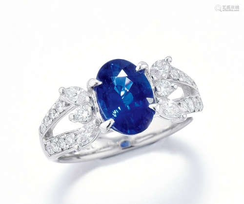 Pt900鉑金鑲鑽石藍寶石戒指 (附AIGS證書)