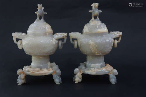 A PAIR OF GU JADE TRIPOT DRAGON FENG ZUNS