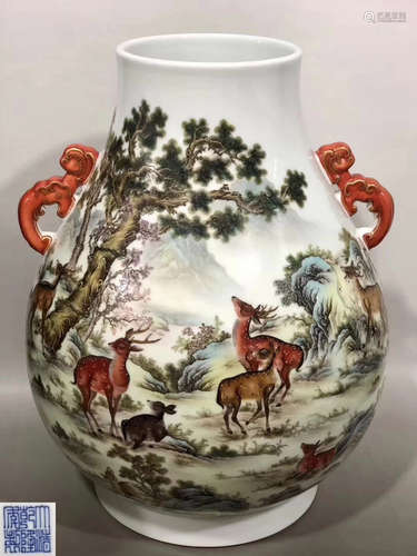 A FAMILLE-ROSE DEER PATTERN ZUN VASE