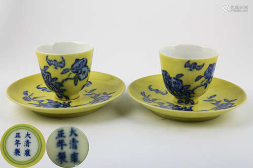 PAIR YONGZHENG MARK YELLOW GLAZE TEACUPS