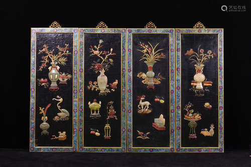 FOUR CLOISONNE FRAME AND LACQUER HANGING SCREENS