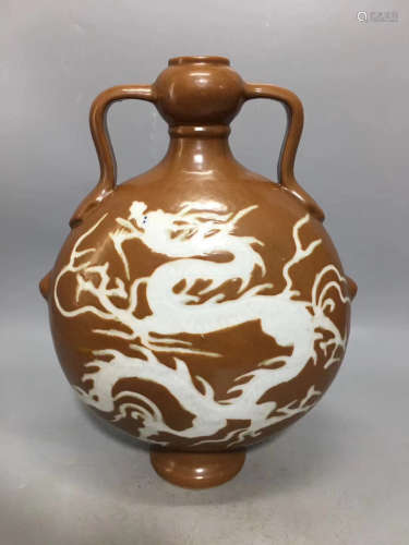 A BROWN GLAZE AND WHITE DRAGON PATTERN MOON-FLASK VASE