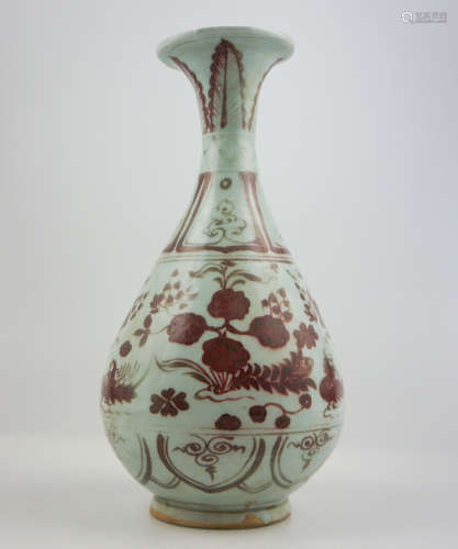 A RED UNDERGLAZED BIRDS PEAR SHAPED VASE