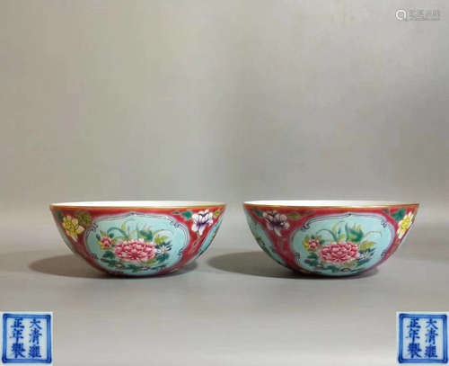 PAIR YANGCAI FLORAL PATTERN BOWLS