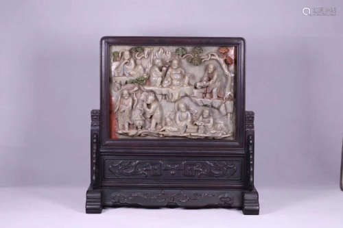 A OLD SOAPSTONE CARVED LUOHAN PATTERN SCREEN