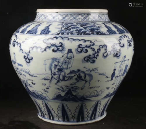 A BLUE AND WHITE FIGURE PATTERN JAR