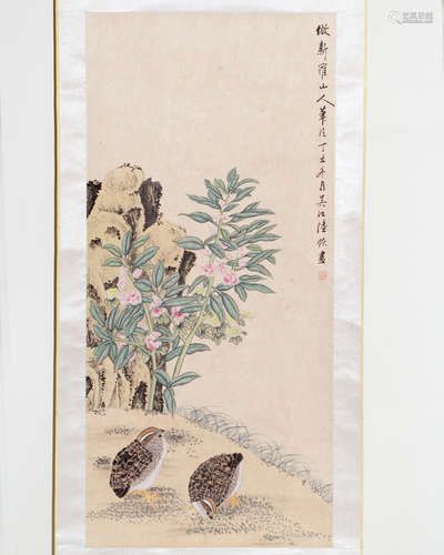 SCROLL OF FLORAL AND BIRD PAINTING SIGNED LU, HUI