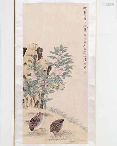 SCROLL OF FLORAL AND BIRD PAINTING SIGNED LU, HUI