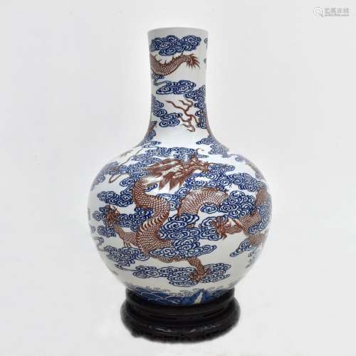 YONGZHENG BLUE & RED DRAGON CELESTIAL VASE ON STAND