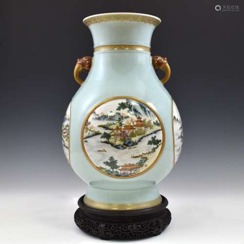 QIANLONG GILT OPEN FACE LANDSCAPE ZUN VASE