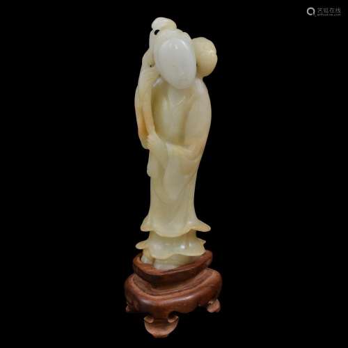 JADE CARVED STANDING GUANYIN ON STAND