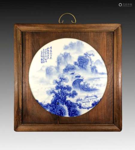 20TH C. BLUE AND WHITE FRAMED ROUND PORCELAIN PAINTING