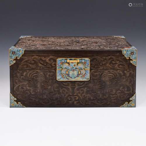 CARVED ZITAN BOX WITH CLOISONNE