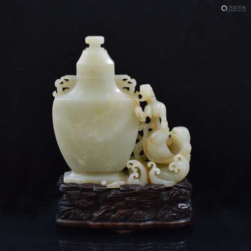 LEAPING CARP JADE VASE ON STAND