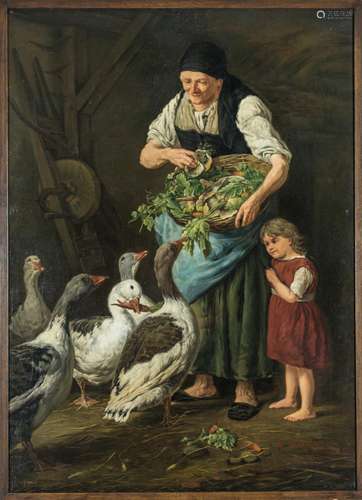 FEEDING THE GEESE, A. MULLER OIL ON CANVAS