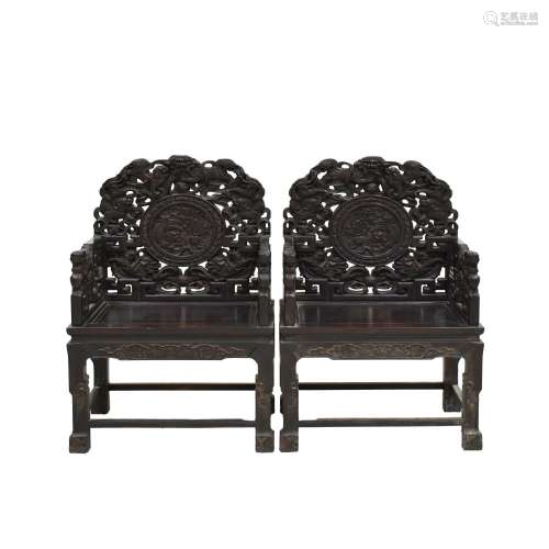 PAIR OF OPEN CARVED ZITAN MASTER CHAIRS