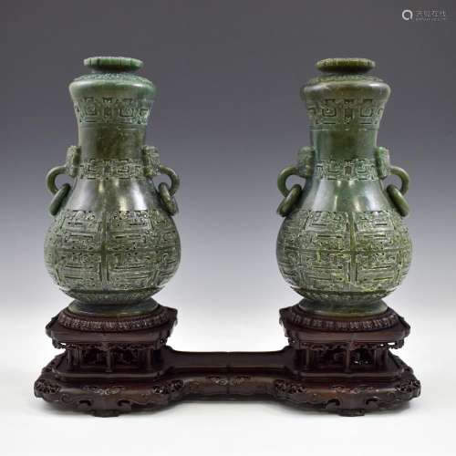 PAIR CHINESE GREEN JADE VASES ON STAND